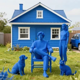 a blue guy sitting in a blue chair, blue house, outside, blue woman, blue dog, blue cat, blue car, 4k