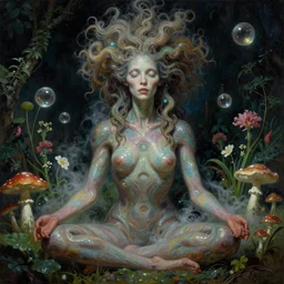 a neoclassicist close - up portrait of a sci - fi alien woman crazy hair meditating with plants, flowers, mushrooms in a garden at night with glowing bubbles. iridescent textures. glowing fog. highly detailed fantasy science fiction painting by moebius, norman rockwell, frank frazetta, and syd mead. rich colors, high contrast, gloomy atmosphere, dark background. artstation