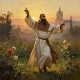 oil painting portrait of a dominican monk with a long beard in a white and brown habit, striding dancing through a flourishing garden at sunset with a monastery in the background, hazy, digital art, chiaroscuro, artstation, cinematic, golden hour, digital art painting by greg rutkowski, william - adolphe bouguereau, hazy atmosphere, flowers, cinematic lighting