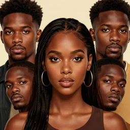 an aesthetic movie poster of a brown woman and three brown men, detailed digital art, trending on artstation, hyperrealistic faces