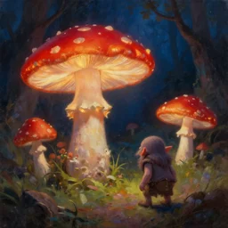 glowing giant red mushrooms attacking a goblin in forest, oil painting, soft light, night time