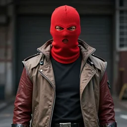 kazuma kiryu wearing a red balaclava and spy costume