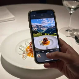 an italian - themed fine dining restaurant serving a plate full of glue and glass shards, smartphone photography