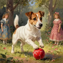 candid portrait jack russel jumping!!! on!!! red ball!!!, illustrated by peggy fortnum and beatrix potter and sir john tenniel