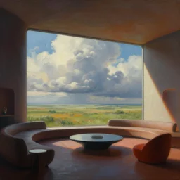 a futuristic minimalist lounge room with a big window, wide open meadow. billowing clouds in the sky. highly detailed science fiction painting by norman rockwell, frank frazetta, and syd mead. rich colors, high contrast, gloomy atmosphere. trending on artstation.