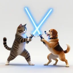 a anthropomorph cat and dog duel fight with lightsaber, ultra detailed, by Greg rutkowski