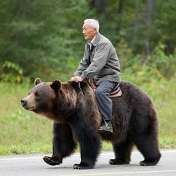 an old man riding a bear