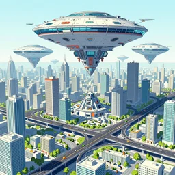 ! dream a huge future city, intricate traffic overpasses, bustling buildings, huge alien technology inverted triangle spacecraft floating above the city, future science fiction. mysteries, simple by victo ngai, kilian eng and jake parker, anton fadeev, 2 d, overhead lens