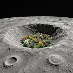 a landscape on the moon with many craters, barren moon landscape, in a big crater at the center there is a beautiful flowering garden, 8 k, lowbrow in the style of martin johnson heade and daniel merriam and roger dean,