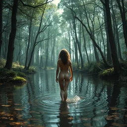 forest nymph rising from the water. view from behind, back view.