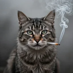 photographic portrait max ernst sad cat feathers face, spiraling cigarette smoke, in fog