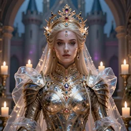 epic ultra detailed realistic portrait of beautiful queen in incredible armor made of candles and translucent fabric. in the castle magic, concept art, incredible face. intricate, elegant. art by wlop and artgerm. background my james jean. photorealistic render trending on artstation by eytan zana