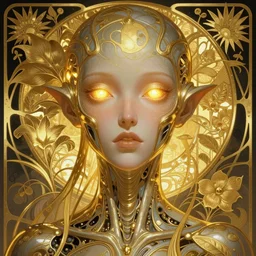 hyper advanced cyborg alien ai, sci fi, glowing eyes, volumetric lights, gold theme, art nouveau botanicals, intricate, highly detailed, digital painting, artstation, concept art, smooth, sharp focus, cinematic, illustration, beautiful face, art by artgerm and greg rutkowski and alphonse mucha