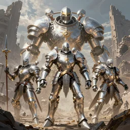 squad of giant shining silver robots knight on battlefield, ruined city environment, render, ray tracing, jakub rozalski art style, artstation,