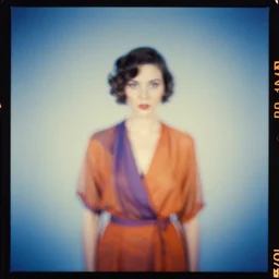 kodak portra 4 0 0, wetplate, motion blur, portrait photo of a studio backdrop, 1 9 3 0 s style, coloured in blueberry and orange, in style of britt marling
