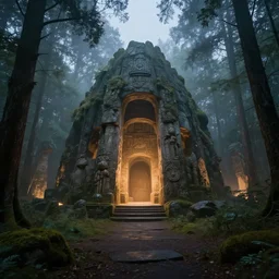 incredible wide shot of the interior of a neolithic temple in the forest, dusk, light fog, digital art