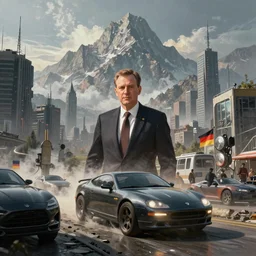 An epic, distopian cityscape painting in the style of bladerunner of a Mountainrange with the German minister Christian lindner  at the center being influenced by the automobile lobby, unreal 5, DAZ, hyperrealistic, octane render, dynamic lighting