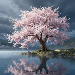 a single sakura tree upon a lake, viewed from a distance, stephen bliss, unreal engine, illustration, fantasy art by greg rutkowski, loish, rhads, ferdinand knab, makoto shinkai and lois van baarle, ilya kuvshinov, rossdraws, tom bagshaw, global illumination, radiant light, detailed and intricate environment