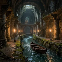 inside the ancient flooded sewers in the old part of the city. fantasy art, layers of architecture, adventure, wet, standing water, channel, canal, boat, lamp, running water, stream, channel, musty, moss, sewage, dark, underground, abandoned spaces, torch - lit. by piranesi and thomas cole. romanticism. colorized.