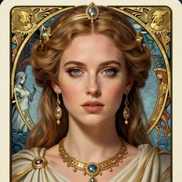 Gillian Anderson as a Roman Goddess, beautiful detailed eyes, cute, fantasy, intricate, elegant, highly detailed, digital painting, 4k, HDR, concept art, detailed jewelry, smooth, sharp focus, illustration, art by Artgerm, H R Giger and Alphonse Mucha , tarot card