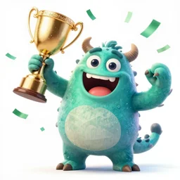 a jubilant monster holding a trophy, celebrating a big win, green confetti flying around