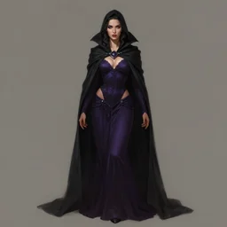 Fantasy portrait, Necromancer, female, beautiful face, dark garments, dark pruple robes, midriff, Black cloak from neck to ankles, pin-up, matte painting, by Genzoman, artstation