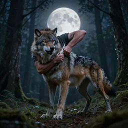 man ripping off his skin turning into a werewolf, forest scenery, full moon, illuminated lighting, highly detailed, 4 k