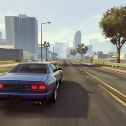 grand theft auto, a car driving down a road with a city in the background, a screenshot, featured on cg society, playstation 5 screenshot