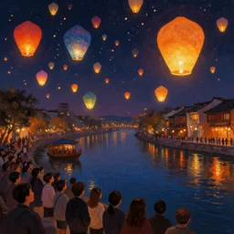 paper lanterns glowing in many colors floating above a river at night, crowd watching. beautiful digital detailed landscape painting, matte painting trending on artstation