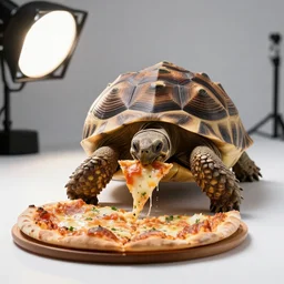 photo still of a tortoise eating a pizza, 8 k, studio lighting bright ambient lighting key light, 8 5 mm f 1. 8