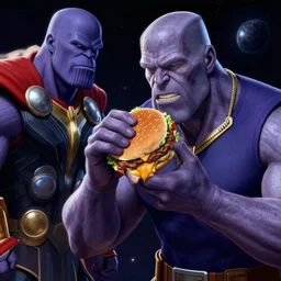 thanos eating a hamburger in space, thor is watching thanos from the side, digital illustration, in the style of greg rutkowski, amazing detail, epic