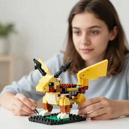 woman, 1 8 years old, brown hair, brown eyes, building the pokemon abra out of legos, well lit, high quality,
