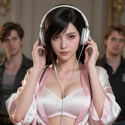tifa lockhart portrait, pale pink and white silk robe and decollete bra, listening to music, art by artgerm, wlop, loish, ilya kuvshinov, 8 k realistic, hyperdetailed, beautiful lighting, detailed background, depth of field, symmetrical face, frostbite 3 engine, cryengine,