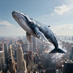 flying whale attack Newyork city ,digital art,ultra realistic,ultra detailed, ultra wide Lens, art by greg rutkowski