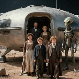 film still from a sci fi blockbuster movie made in 2022, set in 1860, of a family leaving a spaceship, that has just landed on an alien planet, wearing 1850s era clothes, a humanoid alien stands nearby, cinematic lighting, 8k, faces in focus, oscar winner, high quality photography