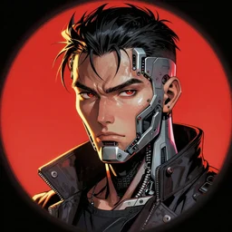 hyper detailed comic illustration of a cyberpunk gangster, cybernetics on his face, by Android Jones intricate details, vibrant, solid background, low angle fish eye lens