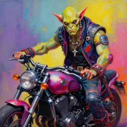 an apocalyptic scifi orcish biker character posing with a motorcycle, psychedelic vibrant colors, futuristic punk rock fashion, oil painting by michael whelan art, perfect face, sharp focus, detailed eyes, realistic, 8 k