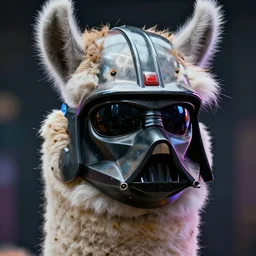 extreme detail 4 k cyberpunk llama wearing a dearth vader helmet