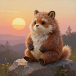 A cute furry monster thinking on a stone in a sunrise, detailed oil painting