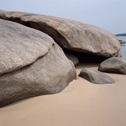 along the river's shoreline, the area is sandy. large granite rock formation, with smooth boulders. the smooth rocks are flat. in the rocks, prey is able to hide in small cavities between the boulders. stylized stark environment matte painting, still frame from the fox and the hound ( 1 9 8 1 )