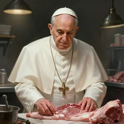 the pope working hard in a butcher shop, digital painting, artstation, concept art, craig mullins, breathtaking, 8 k resolution, extremely detailed, beautiful, establishing shot, artistic, hyperrealistic, octane render, cinematic lighting, dramatic lighting, masterpiece, light brazen, extremely detailed and beautiful face