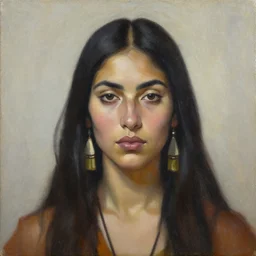 face portrait a female shaman goddess warrior, oil on canvas, by jeffrey catherine jones and enki bilal