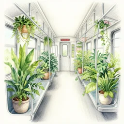 ultra detailed digital pencil and watercolors and illustration of many plants grow inside the train by wes anderson, tim burton, tomm moore, jean pierre jeunet ; 4 k 8 k hd high resolution ;