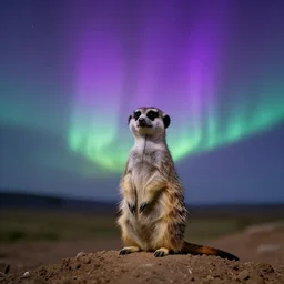 a national geographic photo of a meerkat, standing on a small mound, looking away from the camera, at a purple aurora borealis in the distance.