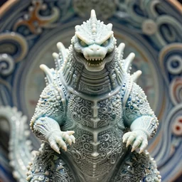 a single close up photo - real delicate ceramic porcelain sculpture of an ornate symmetrical godzilla detailed in front of an intricate background by victo ngai and takato yamamoto, micro detail, backlit lighting, face in focus, subsurface scattering, translucent, thin porcelain, octane rendered, colorful, physically based rendering, japanese pottery, trending on cgsociety