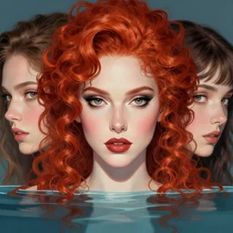 beautiful face of a woman with red curly hair half submerged in water and Casey Weldon and Chie Yoshii, rich colors, intricate, elegant, highly detailed, centered, digital painting, artstation, concept art, smooth, sharp focus, illustration, octane render