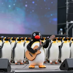 pingu playing in a band, festival stage, lots of penguins, robby the seal, photorealistic