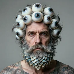 a portrait of a middle aged man with fish scale beard and eyeball hair, beard is made form fish scales, hair is made of eyeballs, eyeball hair fantasy art, concept art, creepy