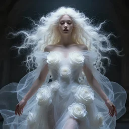 professional digital art of wonderful symmetrical goddess with a fuffy white hair and dressed a majestic semi transparent white roses cotton dress, atmospheric light, dramatic lighting, cinematic, painted, intricate, detailed, oneboding, by art by meredit frampton and gregory crewdson, epic, stunning, gorgeous, much wow, cinematic, masterpiece.