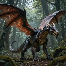 a large winged scaled dragon terminator hybrid, protecting the forbidden forest from trespassers. Very detailed 8k